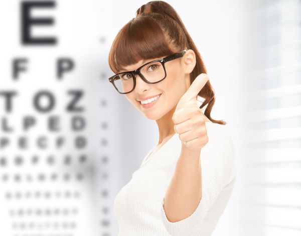 مفهوم پزشکی و بینایی - زن با عینک با نمودار چشم