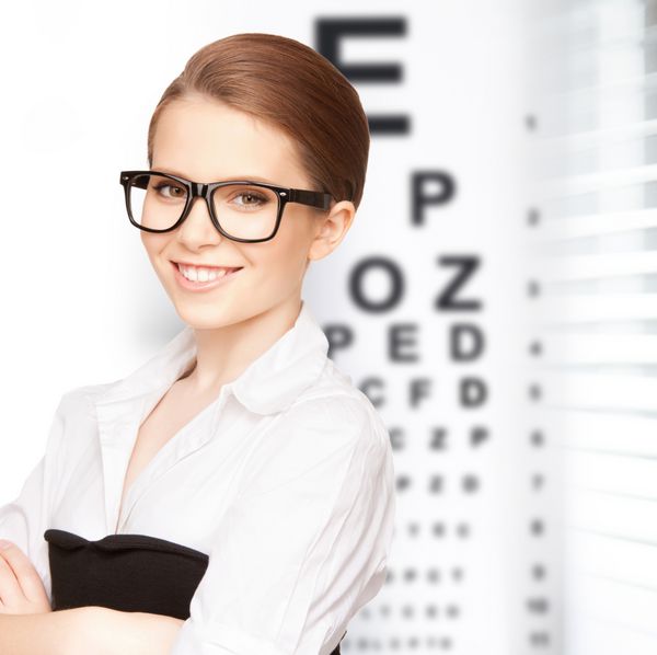 مفهوم پزشکی و بینایی - زن با عینک با نمودار چشم