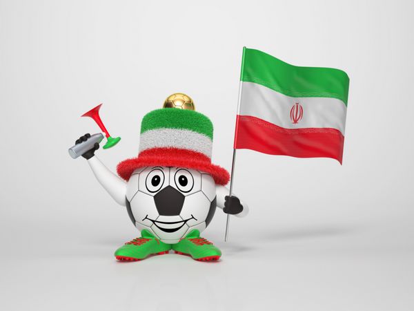 یک شخصیت فوتبالی بامزه و بامزه با در دست داشتن پرچم ملی ایران و شاخ پوشیده به رنگ های ایران در پس زمینه روشن از تیم خود حمایت می کند