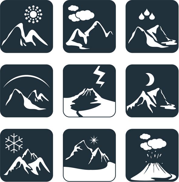 نمادهای آب و هوای کوهستان با پدیده های جوی مختلف تنظیم شده است