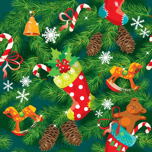 پس زمینه کریسمس و سال نو با لوازم جانبی کریسمس جوراب ساق بلند شیرینی اسباب بازی های اسب و خرس عروسکی و شاخه های درخت صنوبر الگوی بدون درز برای طراحی تعطیلات