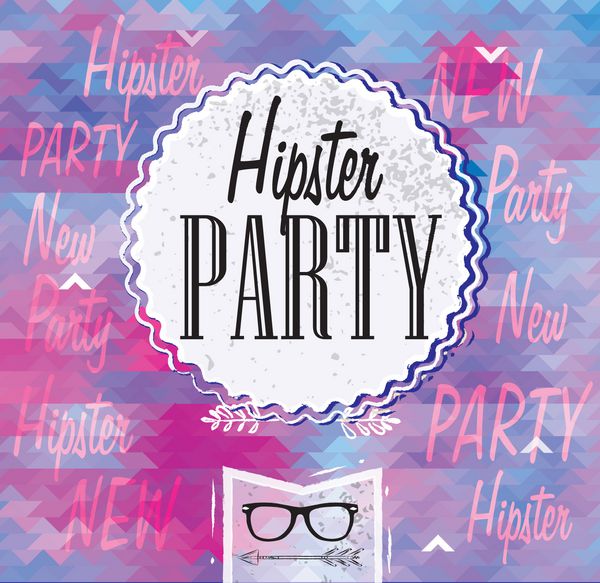 پس زمینه Hipster ساخته شده از مثلث در مهمانی Hipster در رنگ های بنفش طرح برچسب رترو ترکیب مربع با اشکال هندسی رنگ بنفش برچسب تم هیپستر عینک