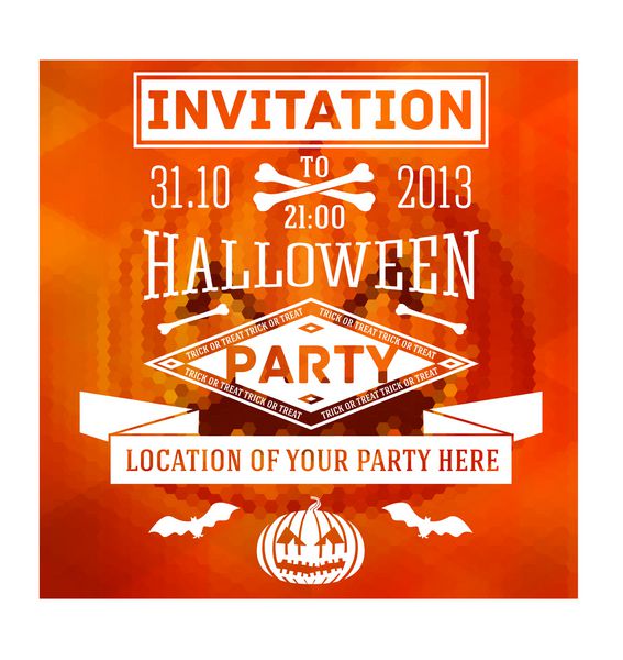 دعوت به مهمانی هالووین با خفاش استخوان و کدو تنبل با مکانی برای متن شما از محل مهمانی در زمینه شش ضلعی و مثلثی با کدو تنبل هالووین بردار