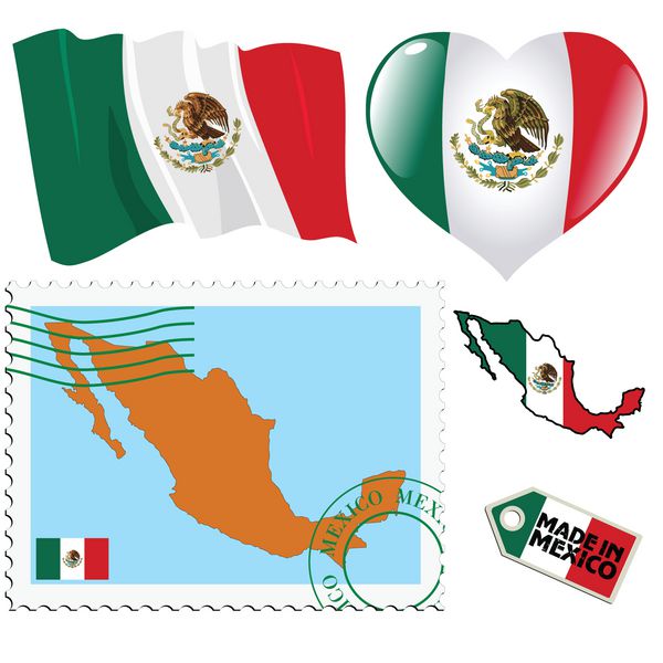 مجموعه ای از نمادهای مختلف در رنگ های ملی مکزیک