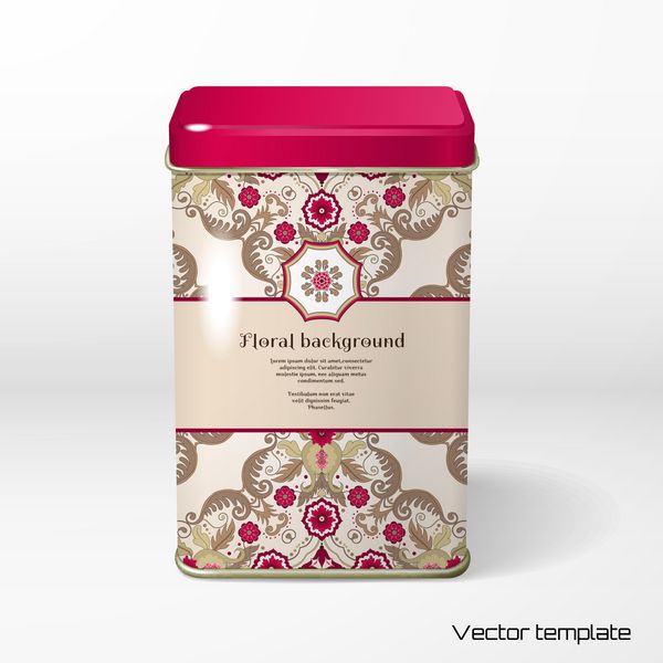 شیء برداری بسته بندی قلع مربع چای قهوه محصولات خشک الگوی گل های زیبا در سبک قدیمی مکانی برای متن شما سایه های واقع گرایانه