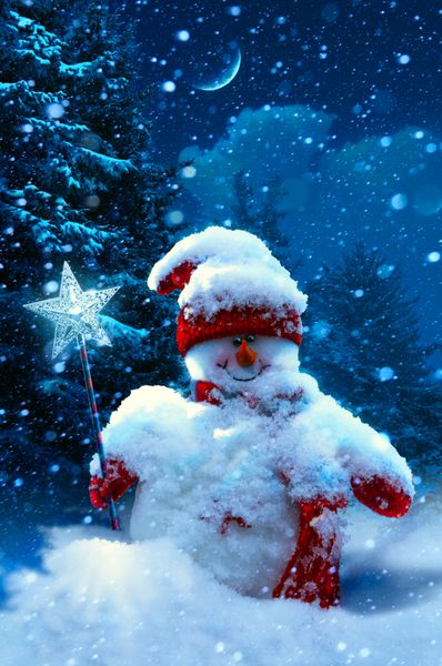 هنر کریسمس آدم برفی و شاخه های صنوبر پوشیده از برف