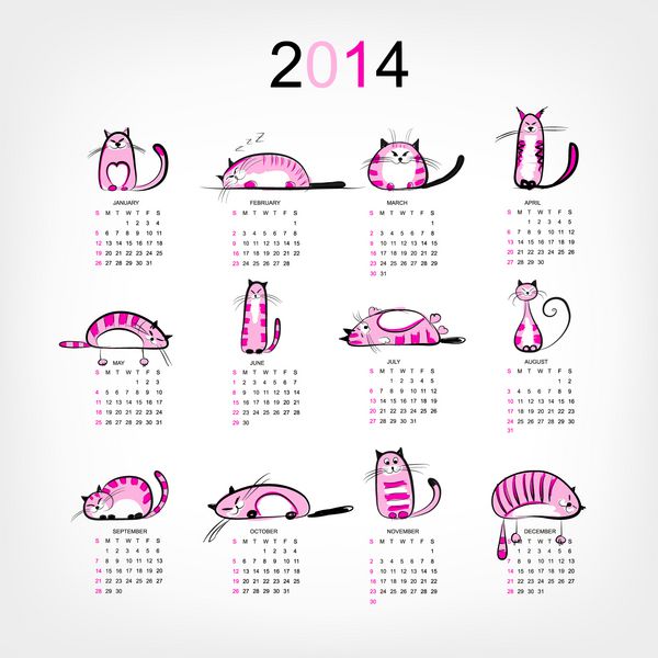 تقویم 2014 با 12 گربه صورتی خنده دار