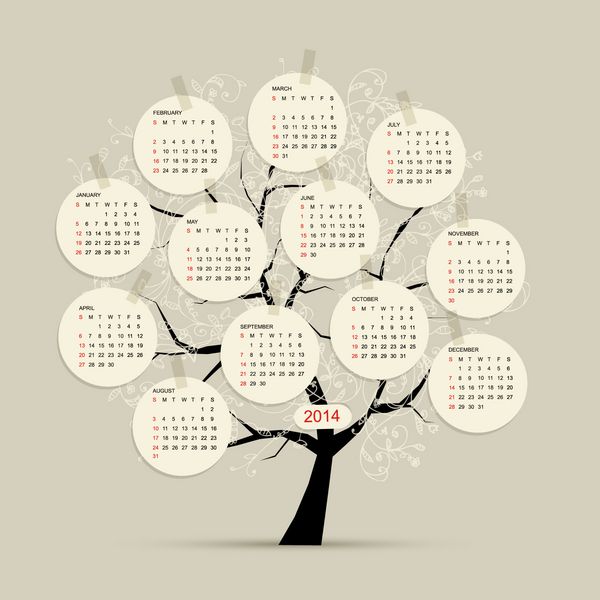 درخت تقویم 2014 برای طراحی شما