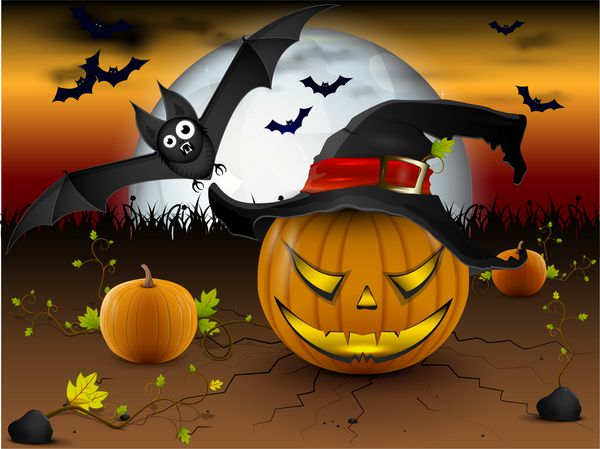 کدو تنبل شیطانی با خفاش زیر یک ماه روشن در شب هالووین