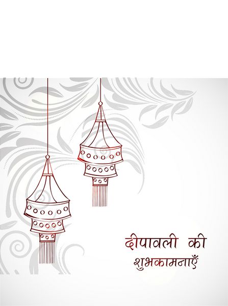 جشنواره چراغ‌های هندی کارت تبریک دیوالی مبارک در زمینه خاکستری تزئین شده با گل با لامپ‌های آویزان و متن هندی آرزوهای دیوالی