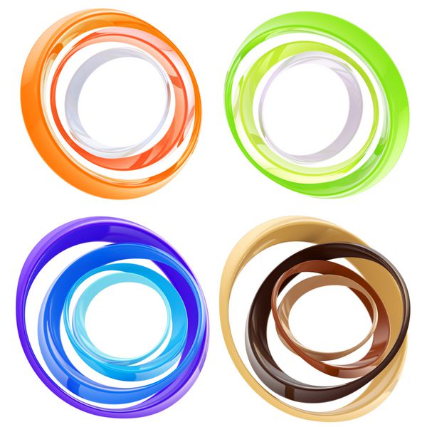 قاب دایره ای انتزاعی از حلقه های براق رنگارنگ جدا شده روی پس زمینه سفید مجموعه چهارتایی