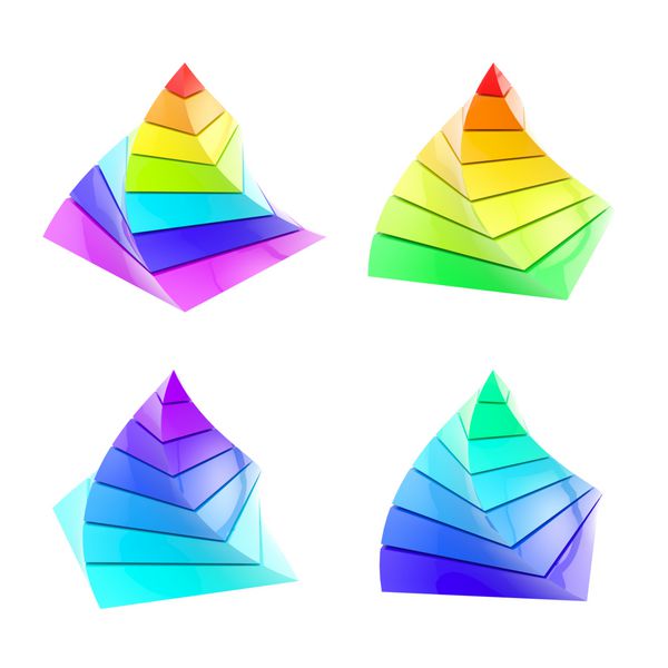 مجموعه ای از چهار هرم تقسیم شده رنگارنگ جدا شده روی سفید
