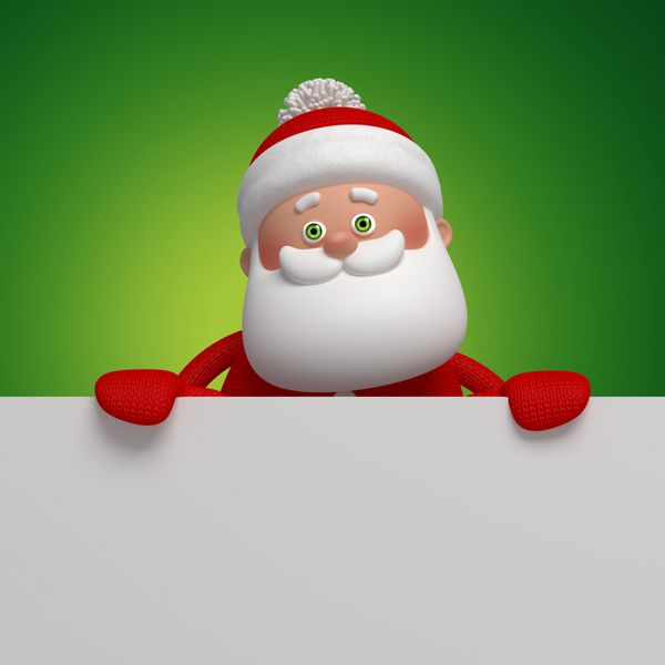 بابا نوئل بنر خالی کریسمس را در دست دارد به دوربین نگاه می کند شخصیت کارتونی سه بعدی زیبا
