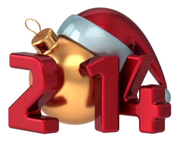 سال نو مبارک 2014 کلاه بابا نوئل کریسمس مبارک تزئین توپ کریسمس تعطیلات زمستانی سوغاتی سبک عنصر طراحی کارت تبریک تقویم رندر سه بعدی مفصل جدا شده در زمینه سفید