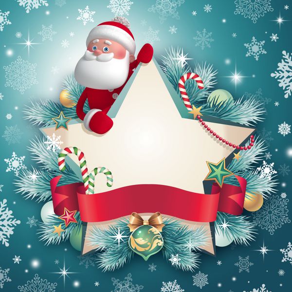 بابا نوئل سه بعدی که بنر ستاره در دست دارد کارت تبریک کریسمس