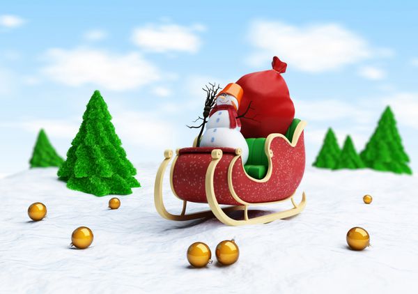 سورتمه بابا نوئل و گونی بابانوئل با آدم برفی هدایایی در پس‌زمینه سفید