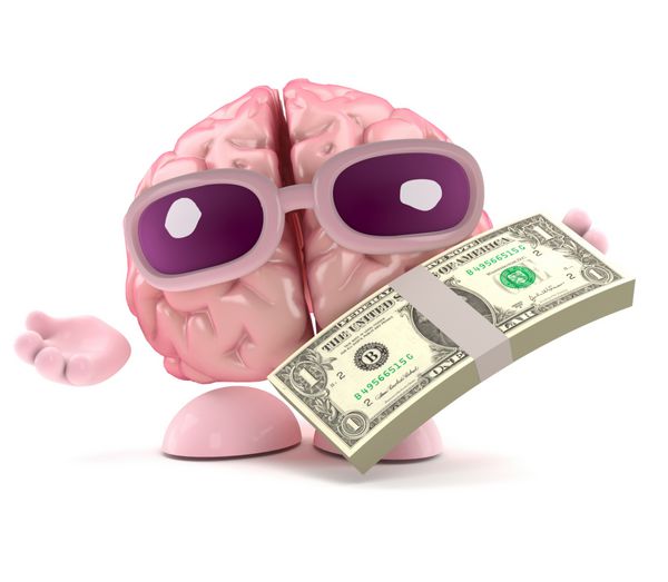 رندر سه بعدی مغزی که دلار آمریکا را نگه می دارد