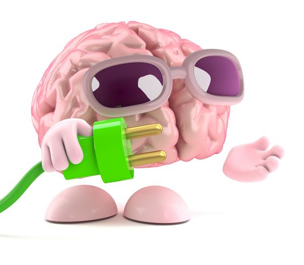 رندر سه بعدی مغزی که یک پلاگین سبز در دست دارد