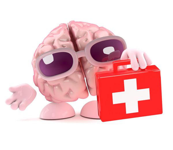 رندر سه بعدی مغزی که کیت پزشکی را در دست دارد