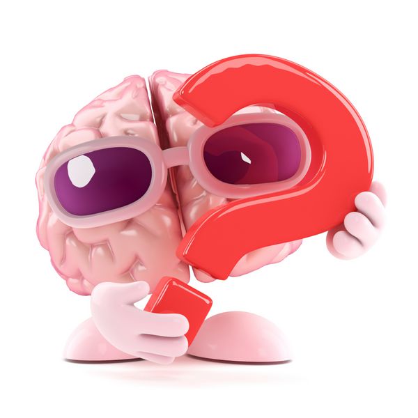 رندر سه بعدی مغزی که علامت سوال را در دست دارد