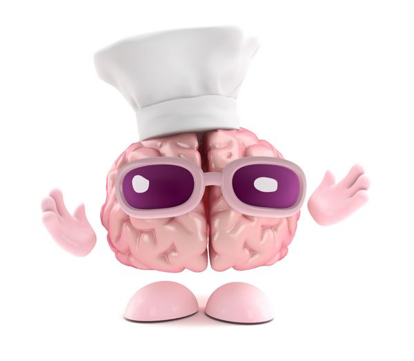 رندر سه بعدی مغزی که لباس سرآشپز بر تن دارد