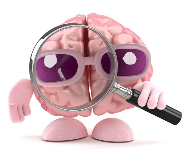 رندر سه بعدی مغزی که ذره بین در دست دارد