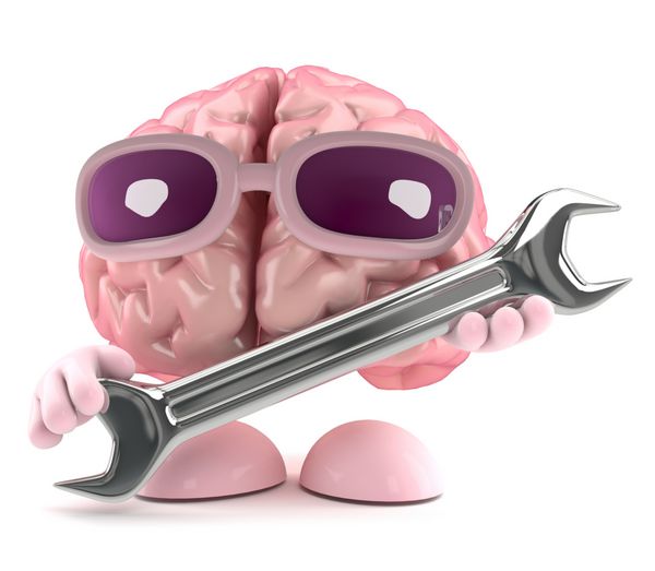 رندر سه بعدی از مغزی که یک آچار در دست دارد