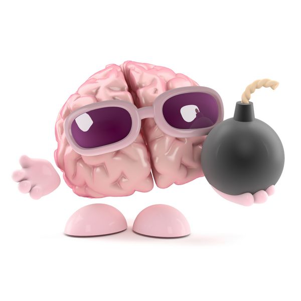 رندر سه بعدی شخصیت مغزی که بمب در دست دارد