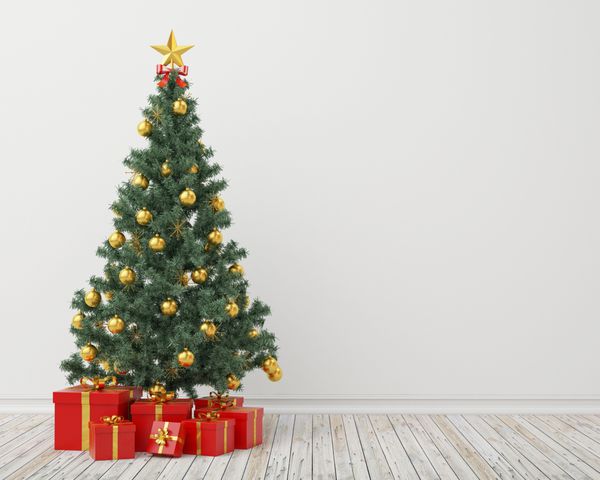 درخت کریسمس با هدیه در اتاق قدیمی پس زمینه