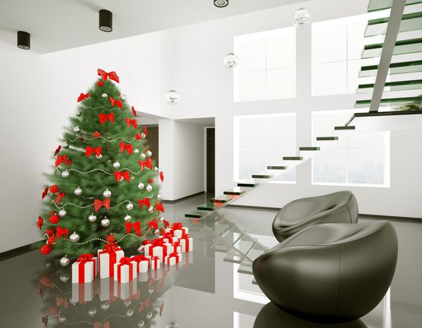 درخت کریسمس در رندر سه بعدی داخلی اتاق مدرن