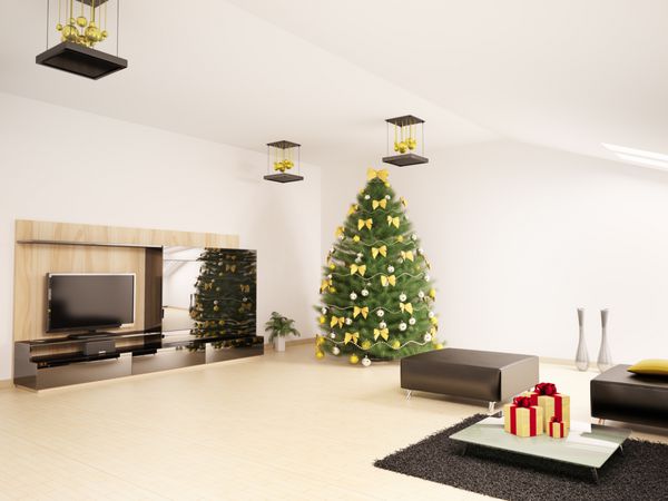 درخت کریسمس با تزئینات در رندر سه بعدی داخلی اتاق نشیمن مدرن