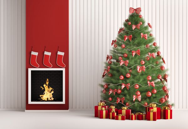 درخت کریسمس در اتاق با رندر 3 بعدی داخلی شومینه