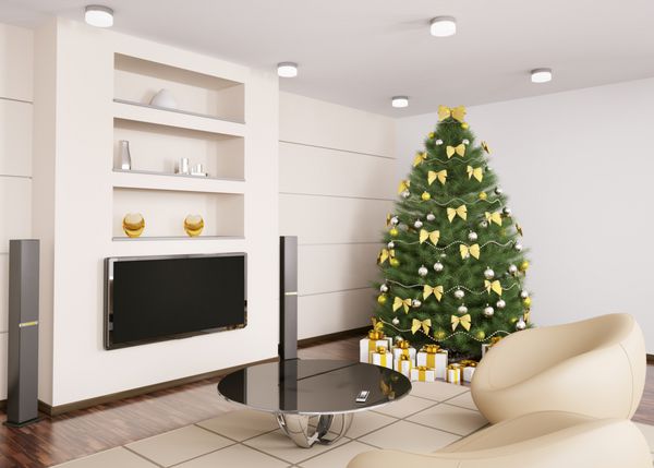 درخت کریسمس با تزئینات در رندر سه بعدی داخلی اتاق نشیمن مدرن
