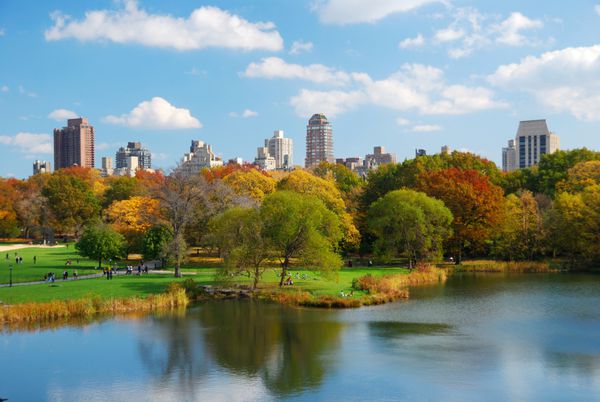 پارک مرکزی شهر نیویورک در پاییز با آسمان‌خراش‌های منهتن و درختان رنگارنگ بر فراز دریاچه با انعکاس