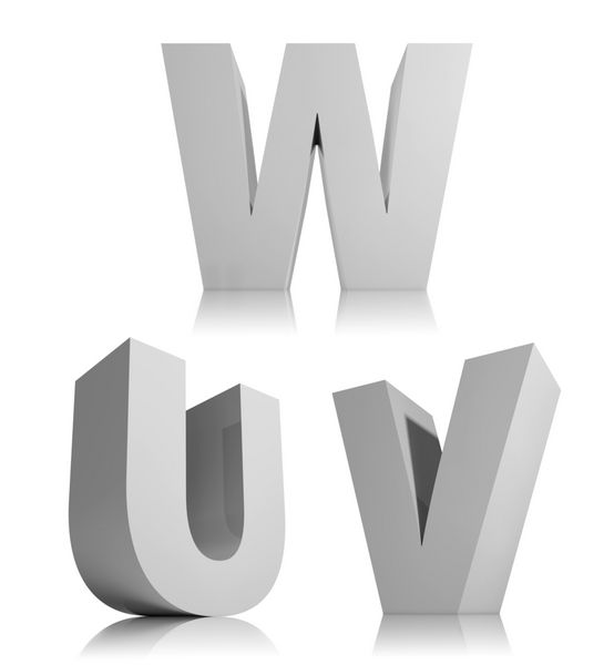 حروف سه بعدی بزرگ جدا شده بر روی فونت پس زمینه سفید حروف الفبای u v w