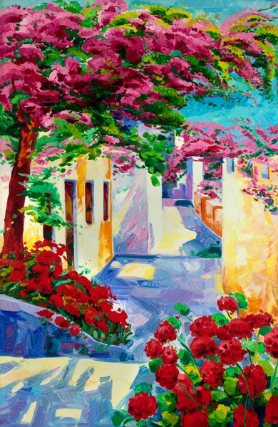 نقاشی رنگ روغن اصلی که کلیساهای آبی و خانه‌های سفید روستای اویا در جزیره سانتورینی را با درخت و گل نشان می‌دهد یونان امپرسیونیسم مدرن