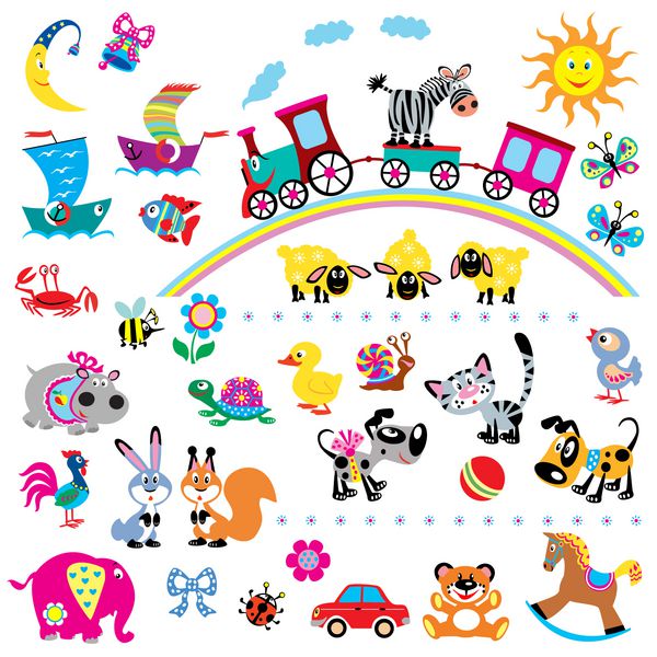 مجموعه بزرگ با اسباب بازی های کارتونی تصاویر وکتور برای نوزادان و بچه های کوچک تصاویر ساده جدا شده در پس زمینه سفید تصویر کودکان