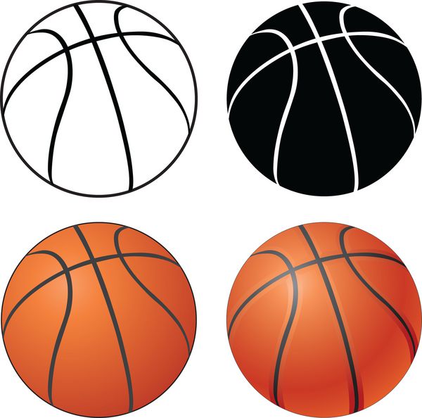بسکتبال تصویری از یک توپ بسکتبال در چهار نسخه از یک سیاه و سفید ساده تا یک رنگ کامل پیچیده است