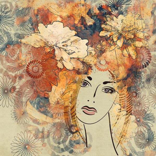 طراحی رنگارنگ هنری صورت دختر زیبا با موهای مجعد گلدار قرمز در زمینه قهوه ای