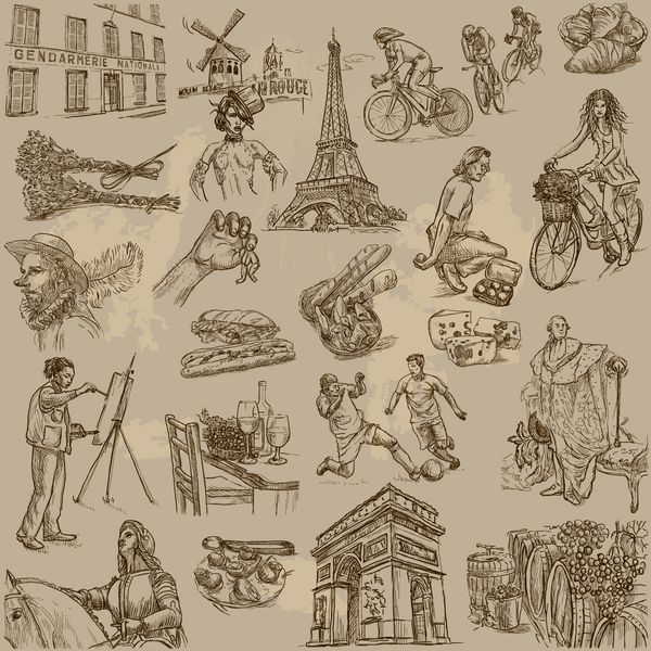 سری مسافرتی فرانسه - مجموعه ای از تصاویر طراحی شده با دست توضیحات تصاویر طراحی شده با دست در اندازه کامل که روی کاغذ قدیمی طراحی شده اند