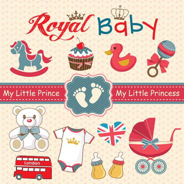 مجموعه ای از عناصر طراحی سبک رترو برای نوزاد سلطنتی