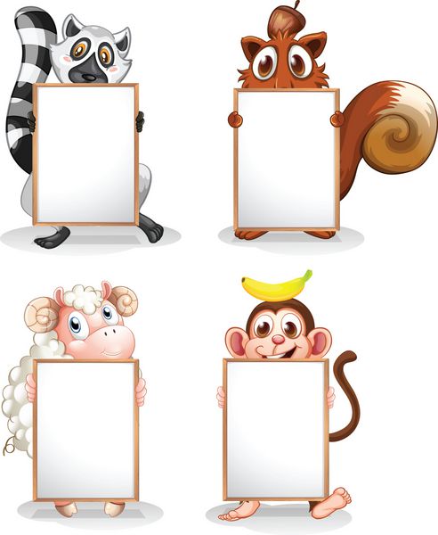 تصویر چهار حیوان مختلف با تخته سفید خالی در پس زمینه سفید