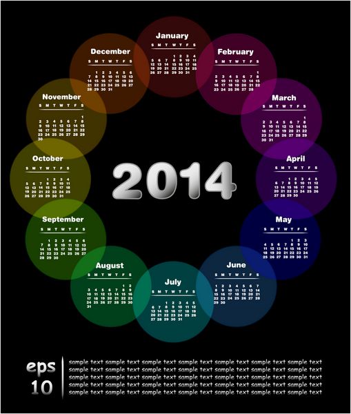 تقویم رنگارنگ برای سال 2014 هفته از یکشنبه شروع می شود - به زبان اسپانیایی نیز موجود است