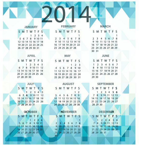تقویم مدرن 2014 در پس زمینه مثلثی