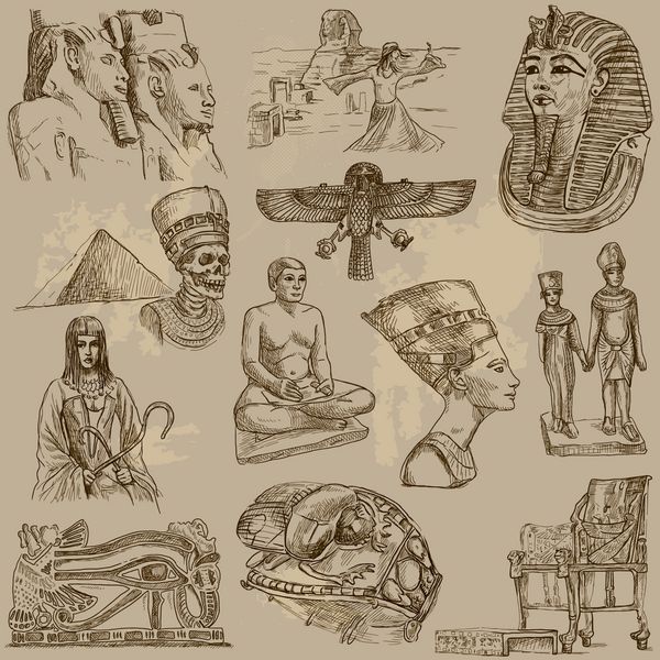 سری مسافرتی مصر - مجموعه ای از نقاشی های دستی تصاویر اصلی بدون ردیابی توضیحات هر نقاشی از دو لایه خطوط تشکیل شده است پس زمینه رنگی جدا شده است