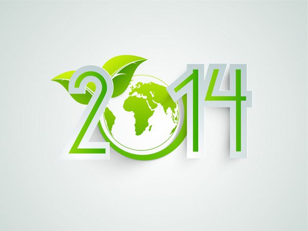 پس زمینه جشن سال نو 2014 مبارک با مفهوم ذخیره جهان کره پوشیده شده با برگ های سبز