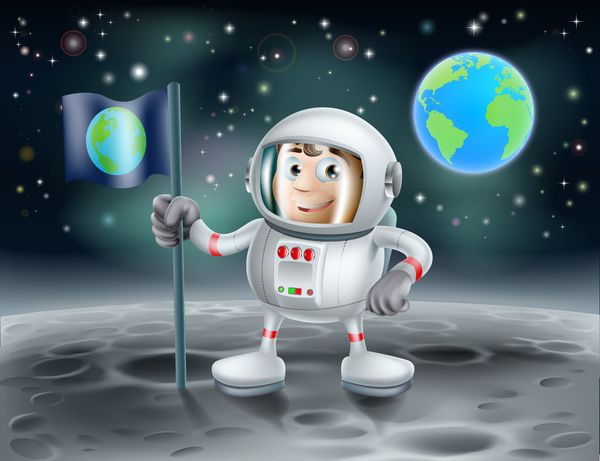 تصویری از یک فضانورد کارتونی زیبا روی ماه که پرچمی را با سیاره زمین در پس‌زمینه کاشته است