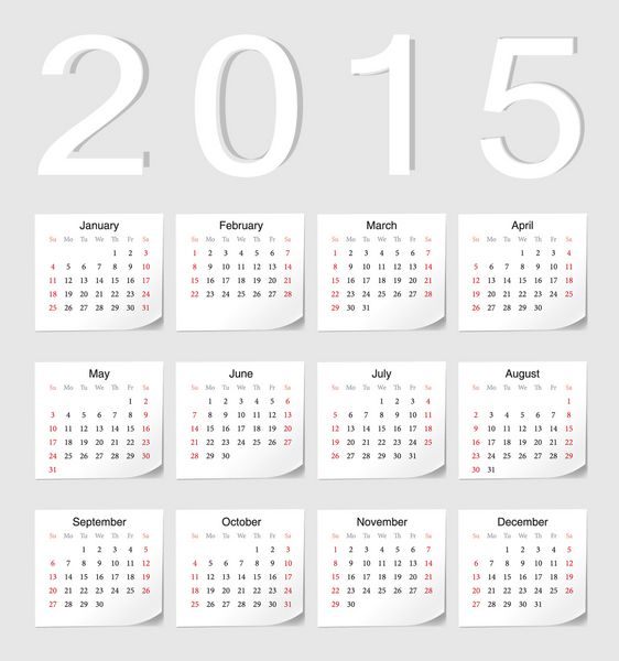 تقویم وکتور اروپایی 2015 با زوایای سایه