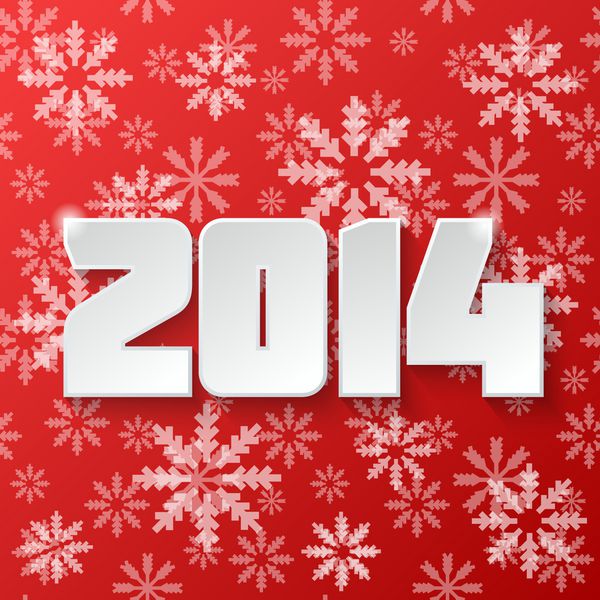 طراحی متن سال نو مبارک 2014 در پس زمینه قرمز با دانه های برف