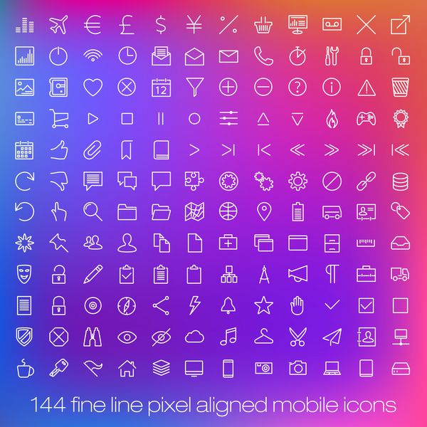 144 آیکون مدرن پیشرفته برای رابط موبایل نمادهای رابط کاربری تلفن هوشمند با پیکسل های ظریف با عرض خط متغیر
